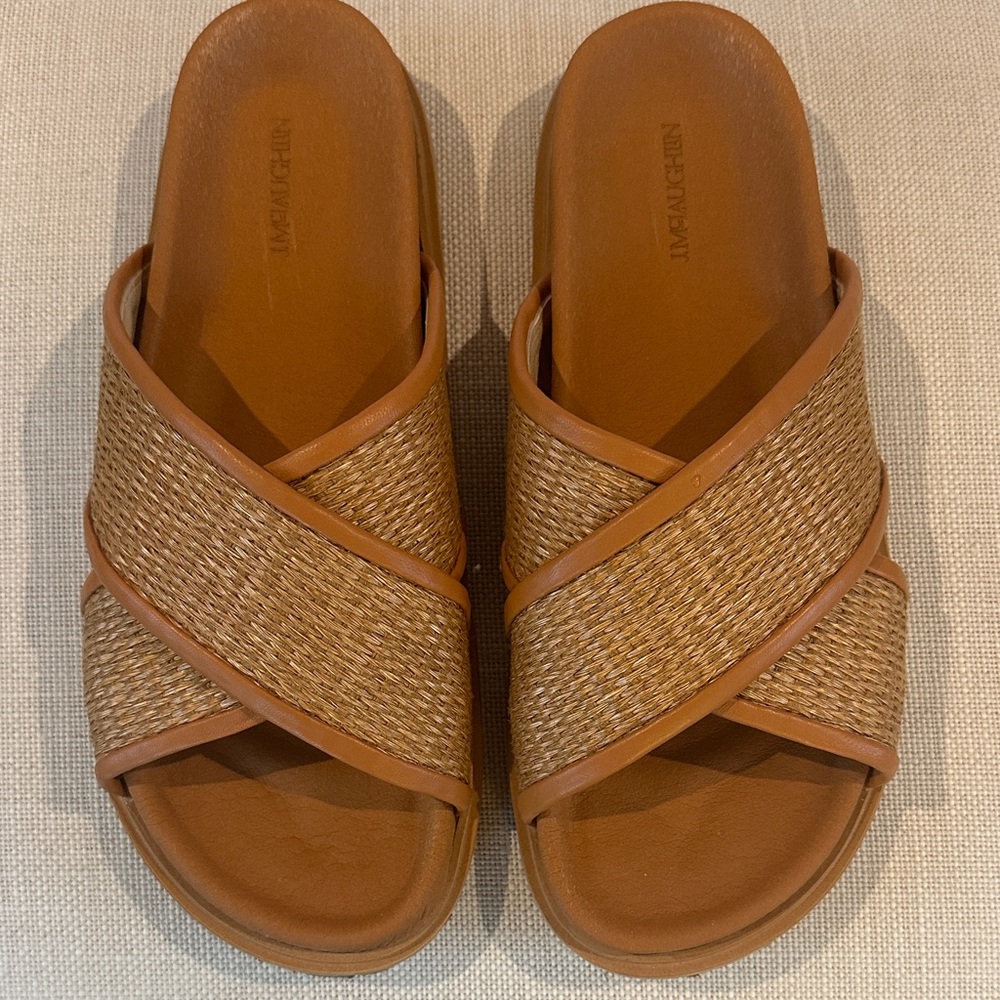 J. McLaughlin Brown Raffia Crisscross Slide Sandals